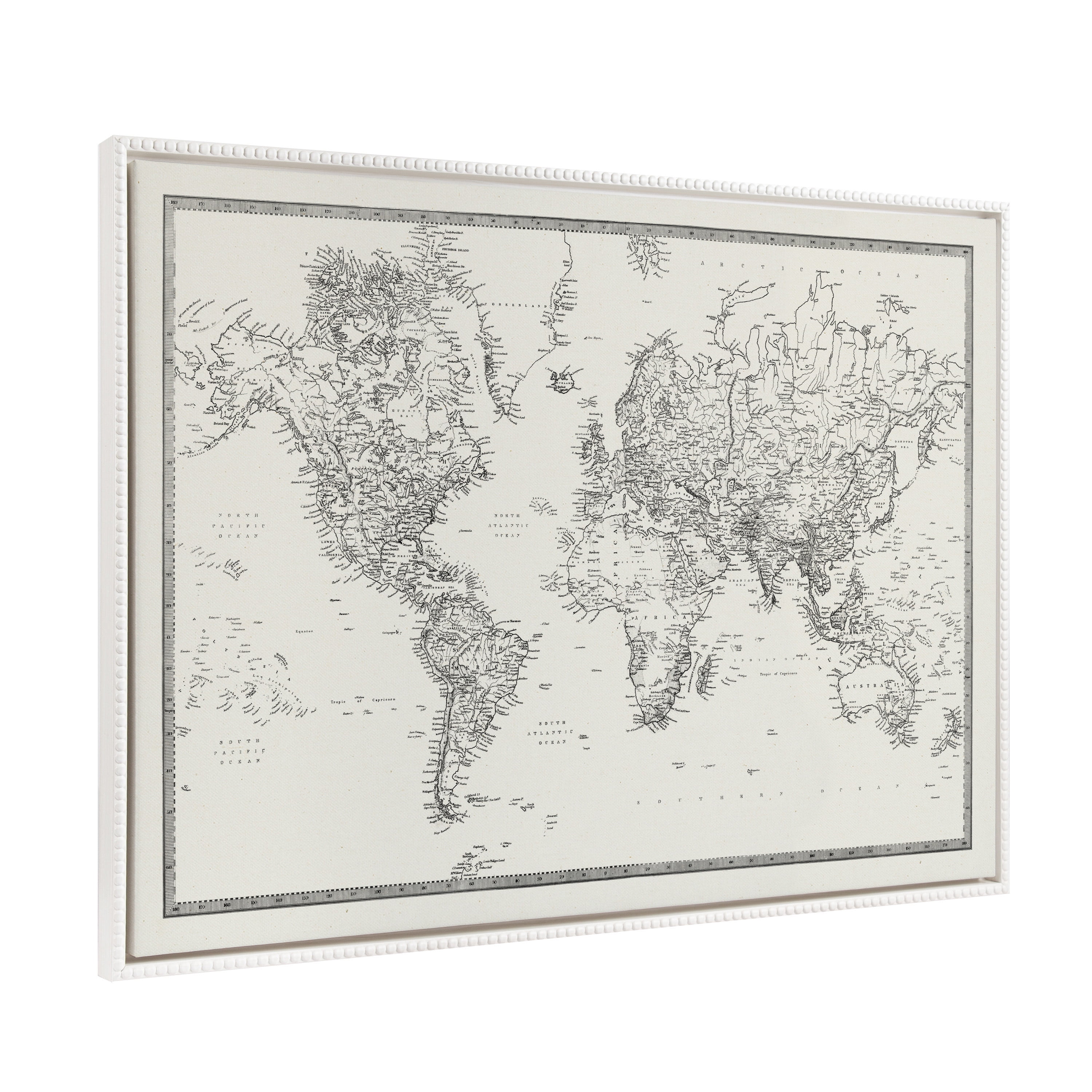 Vintage Black and White World Map Framed Canvas Wall Art