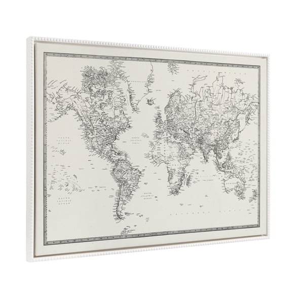 Kate and Laurel Sylvie Beaded Vintage Black and White World Map Vintage Framed Canvas Wall Art by The Creative Bunch Studio, 23x33 White, Modern Geographical Map Decor