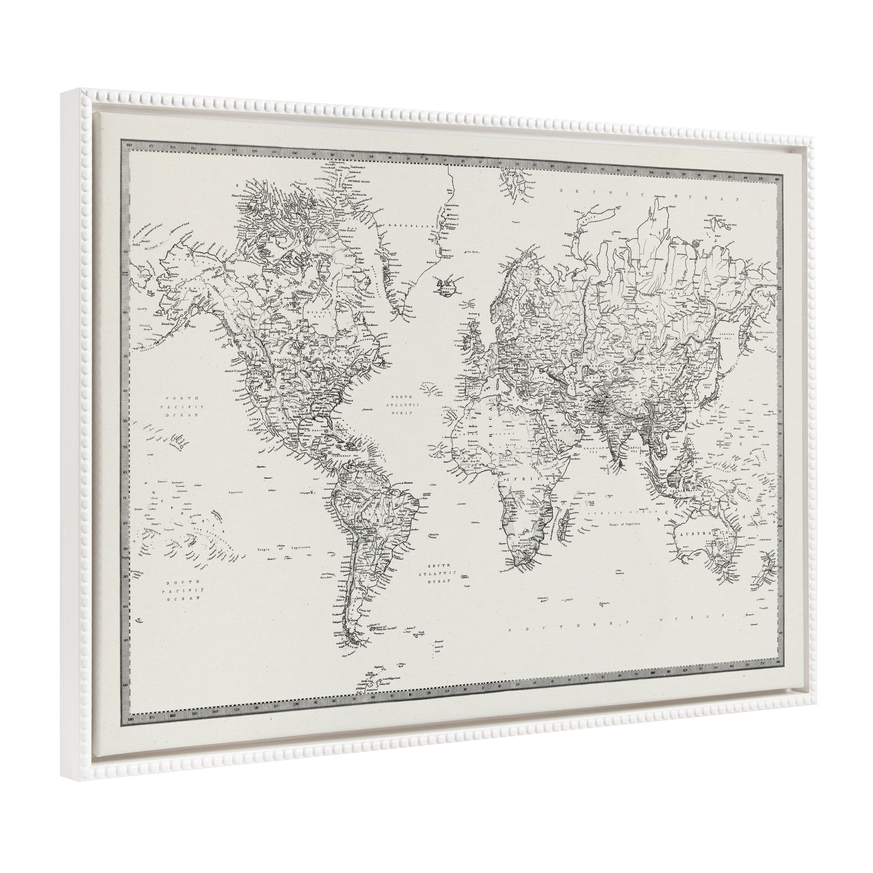 Vintage Black and White World Map Framed Canvas Art, 28"x38"