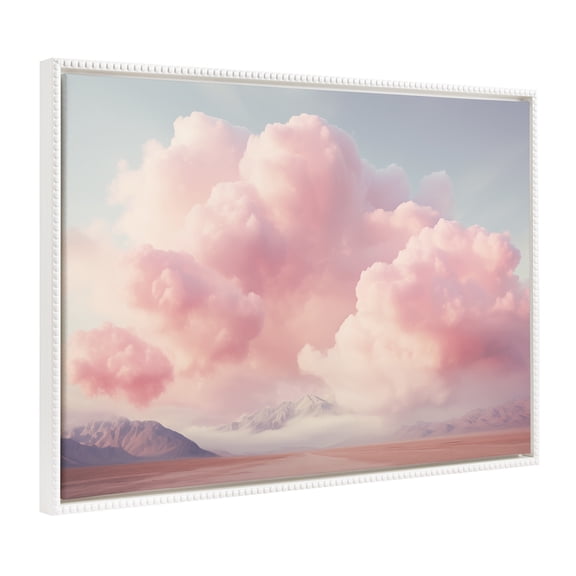 Kate and Laurel Sylvie Beaded Vintage Pink Cotton Candy Clouds Mountain Landscape Vintage Framed Canvas Wall Art by The Creative Bunch Studio, 31.5x41.5 White, Pink Sunset Clouds Art for Wall