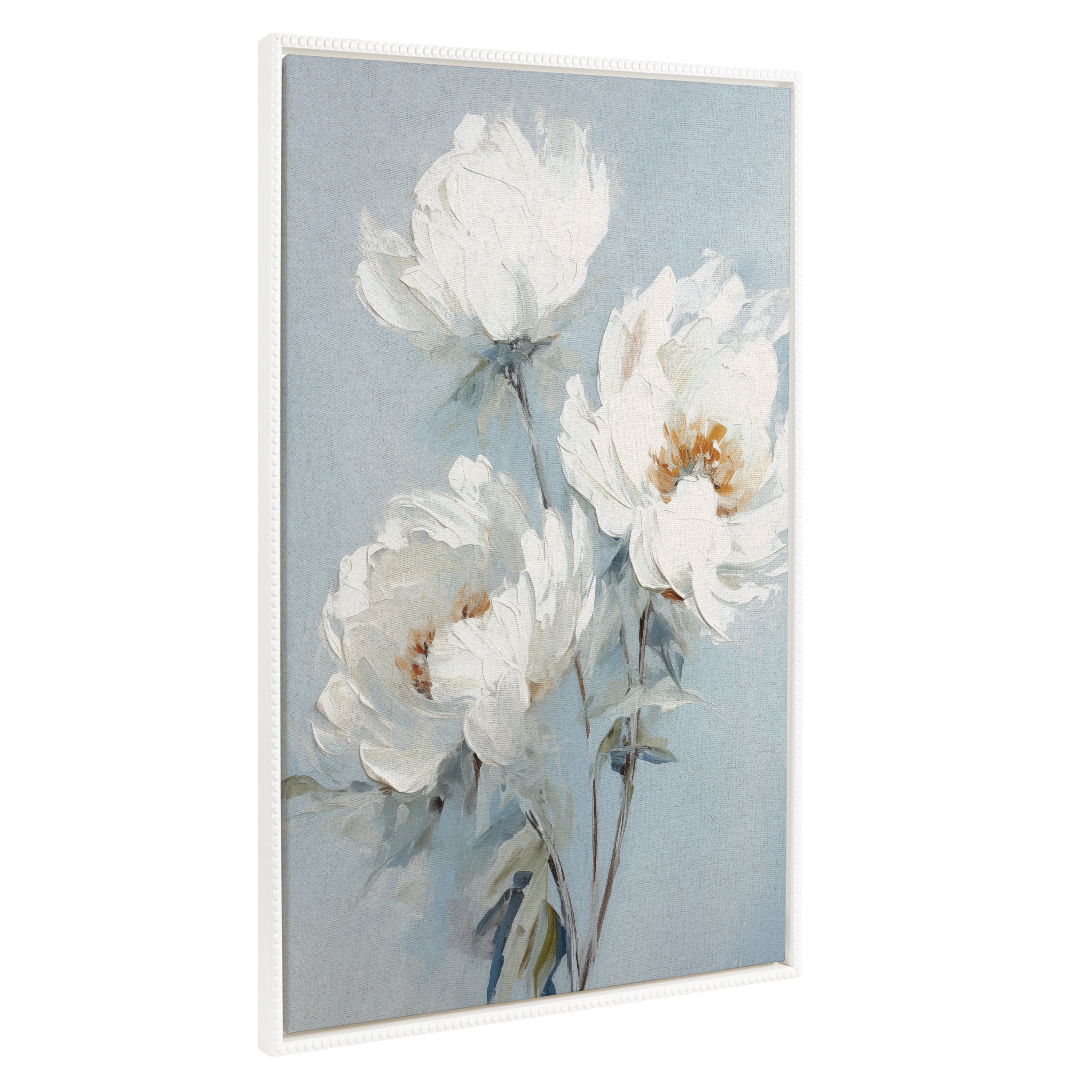 White Peonies on Ocean Blue Canvas with Beaded Frame
