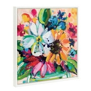 Kate and Laurel Sylvie Beaded Wild Growth Vintage Framed Canvas Wall Art by Rachel Christopoulos, 22x22 White, Colorful Flower Brushstrokes Art for Wall