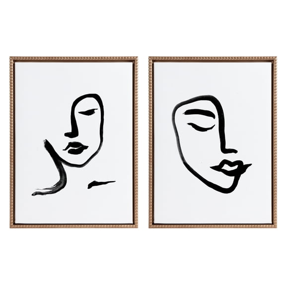 Kate and Laurel Sylvie Beaded Woman Face Art and Face Line Art Vintage Framed Canvas Wall Art Set by ViolaKreczmer, 2 Piece Set 18x24 Gold, Minimal Brushstroke Face Drawing Art for Wall