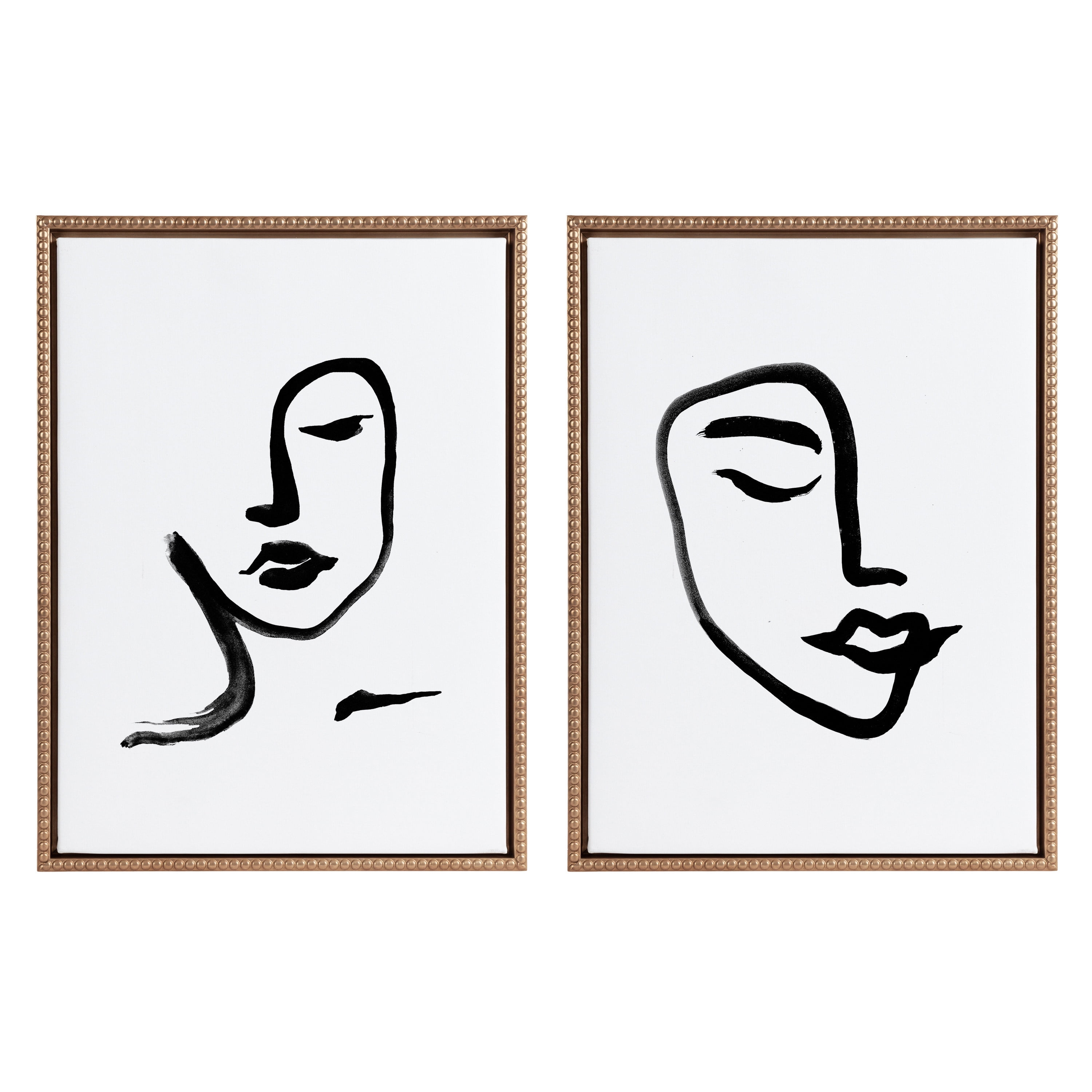 Gold Framed Minimalist Brushstroke Face Art Canvas Set, 18x24