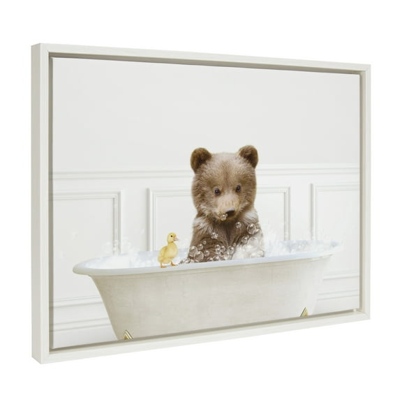 Kate and Laurel Sylvie Bear Cub In Bubble Bath Neutral Style Framed Canvas Wall Art by Amy Peterson Art Studio, 18x24 White, Adorable Animal Bathroom Art