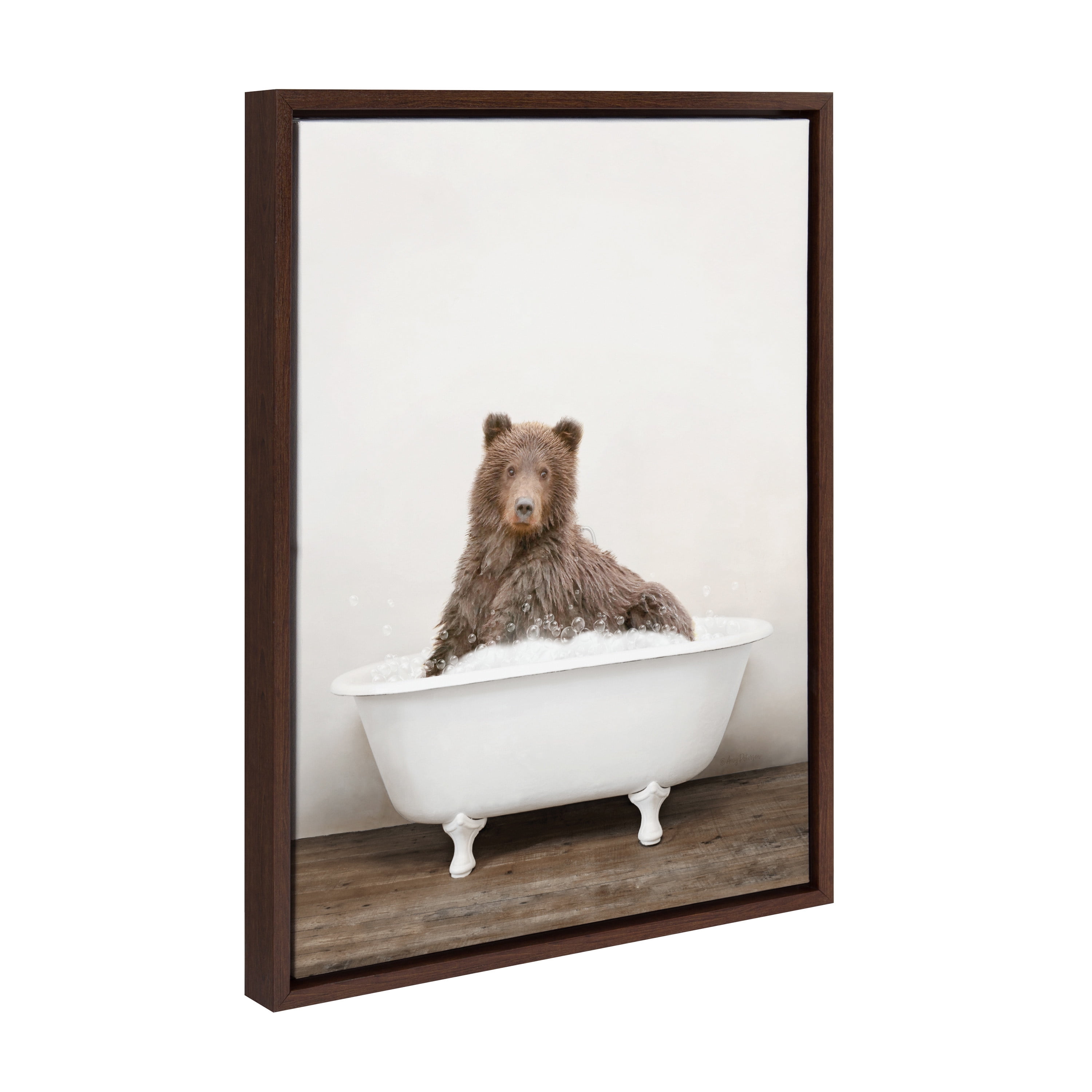 Kate and Laurel Sylvie Bear Rustic Bubble Bath Framed Canvas Wall Art by Amy Peterson Art Studio, 18x24 Brown, Modern Fun Decorative Bathtub Wall Art for Home Décor