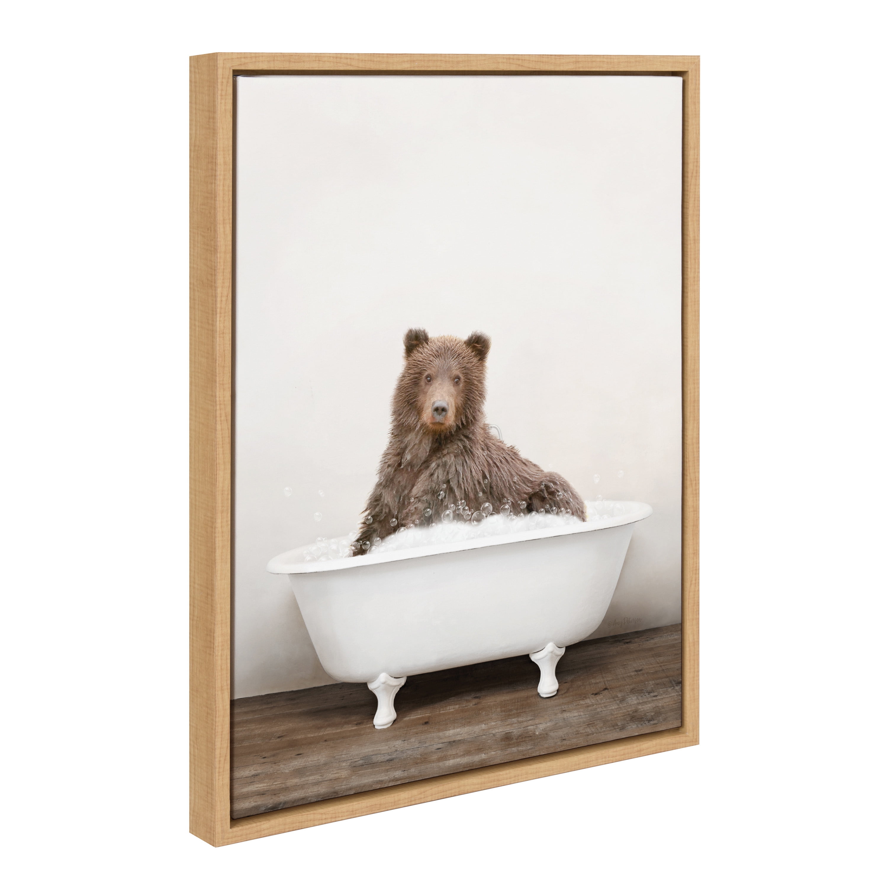 Kate and Laurel Sylvie Bear Rustic Bubble Bath Framed Canvas Wall Art by Amy Peterson Art Studio, 18x24 Natural, Modern Fun Decorative Bathtub Wall Art for Home Décor