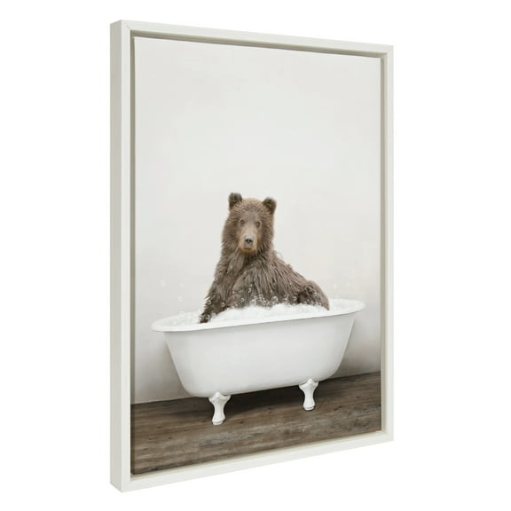 Kate and Laurel Sylvie Bear Rustic Bubble Bath Framed Canvas Wall Art by Amy Peterson Art Studio, 18x24 White, Modern Fun Decorative Bathtub Wall Art for Home Décor