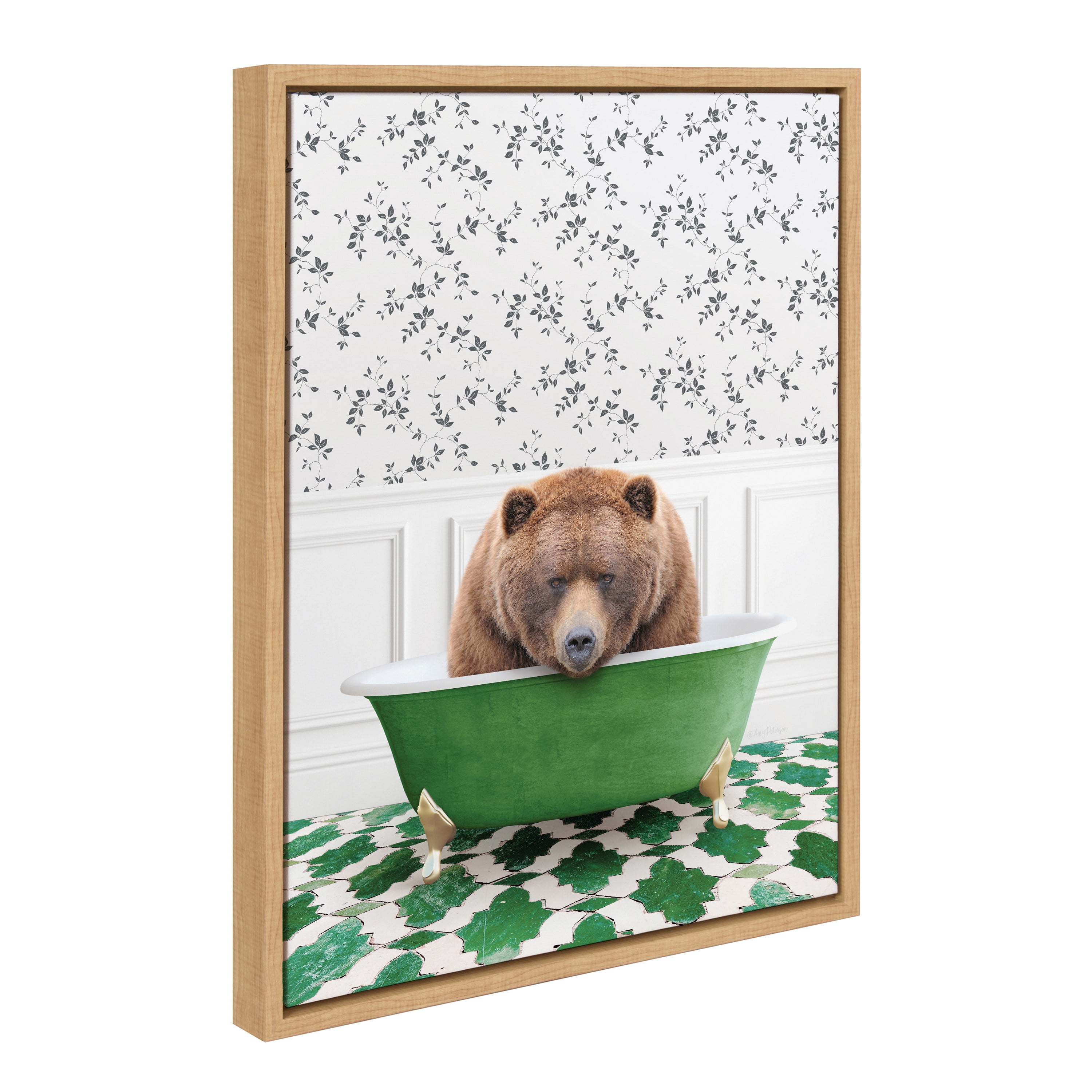 Kate and Laurel Sylvie Big Bear In Eclectic Green Bath Framed Canvas Wall Art by Amy Peterson Art Studio, 18x24 Natural, Whimsical Animal Art for Wall