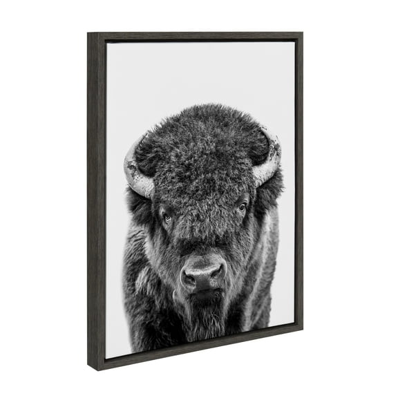 Kate and Laurel Sylvie Bison Portrait Black and White Framed Canvas Wall Art by Amy Peterson Art Studio, 18x24 Gray, Modern Animal Portrait Art for Wall