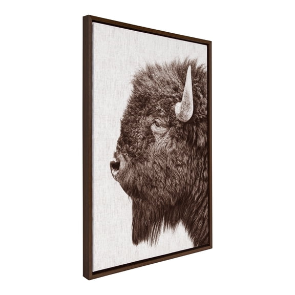 Kate and Laurel Sylvie Bison Profile Woven Neutral Linen Framed Canvas Wall Art by Amy Peterson Art Studio, 23x33 Brown, Modern Prairie Animal Portrait Art for Wall