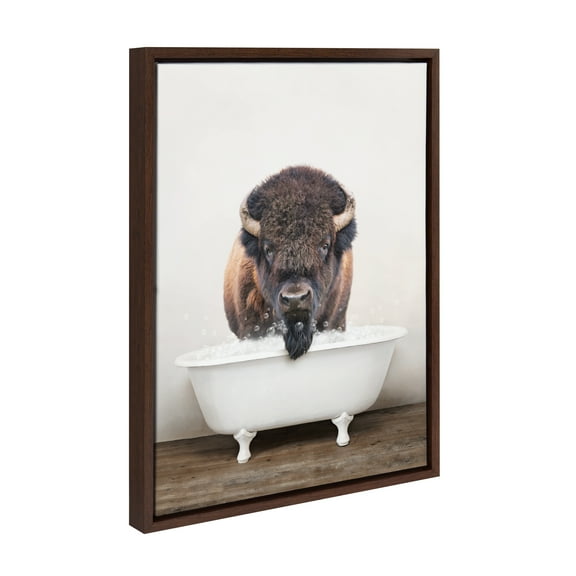 Kate and Laurel Sylvie Bison Rustic Bubble Bath Framed Canvas Wall Art by Amy Peterson Art Studio, 18x24 Brown, Modern Fun Decorative Bathtub Wall Art for Home Décor