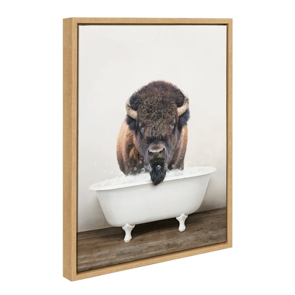 Kate and Laurel Sylvie Bison Rustic Bubble Bath Framed Canvas Wall Art by Amy Peterson Art Studio, 18x24 Natural, Modern Fun Decorative Bathtub Wall Art for Home Décor
