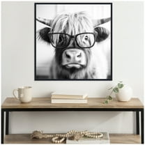 Kate and Laurel Sylvie Black and White Highland Cow in Reading Glasses Framed Canvas Wall Art by The Creative Bunch Studio 30 x 30 Beaded Black, Farmhouse, Funny Animal Wall Decor, Living Room