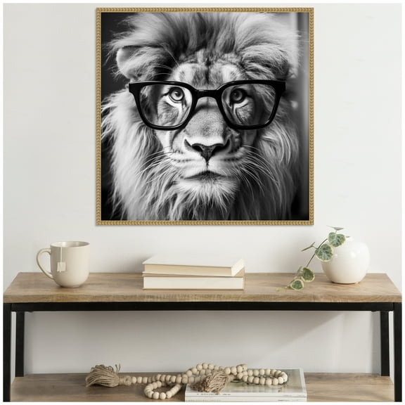 Kate and Laurel Sylvie Black and White Lion in Reading Glasses Framed Canvas Wall Art by The Creative Bunch Studio 30 x 30 Beaded Natural, Whimsical, Animal Art for Wall Decor, Living Room