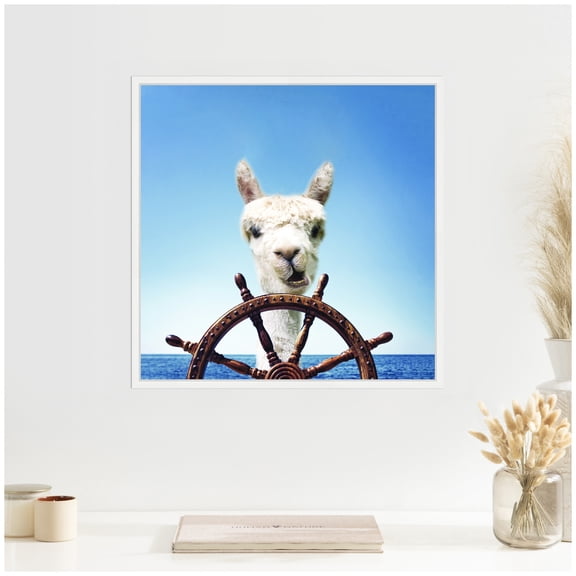 Kate and Laurel Sylvie Boat Animal Alpaca Framed Canvas Wall Art by The Creative Bunch Studio 22 x 22 White, Whimsical, Coastal Beach Llama Animal Art for Wall Decor, Living Room, Beach House