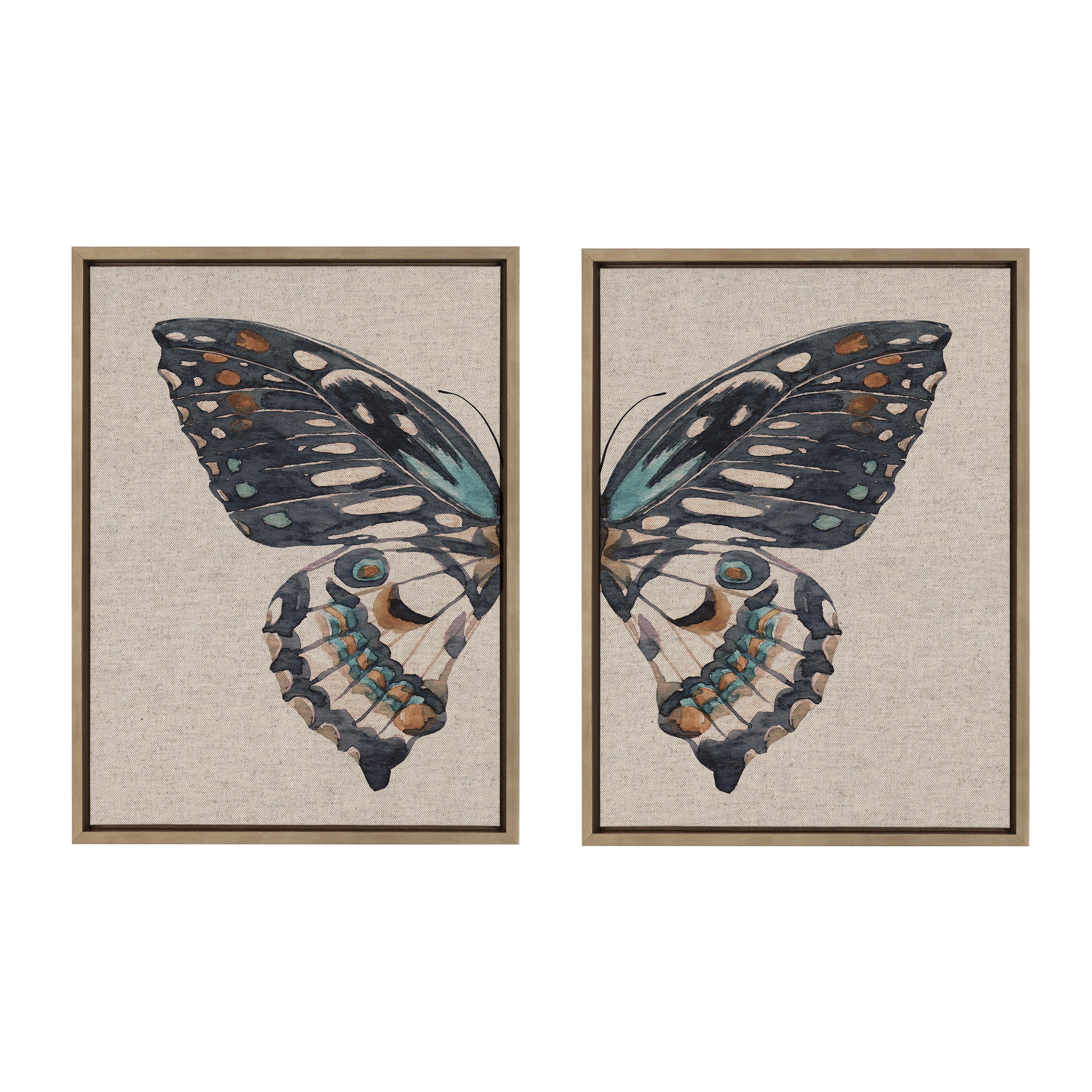Boho Butterfly Watercolor Canvas Art Set with Gold Frame, 18x24