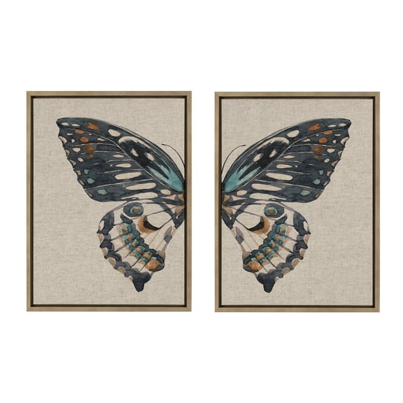 Kate and Laurel Sylvie Boho Butterfly Watercolor Diptych Neutral Linen Framed Canvas Wall Art Set by The Creative Bunch Studio, 2 Piece 18x24 Gold, Soft Animal Art for Wall