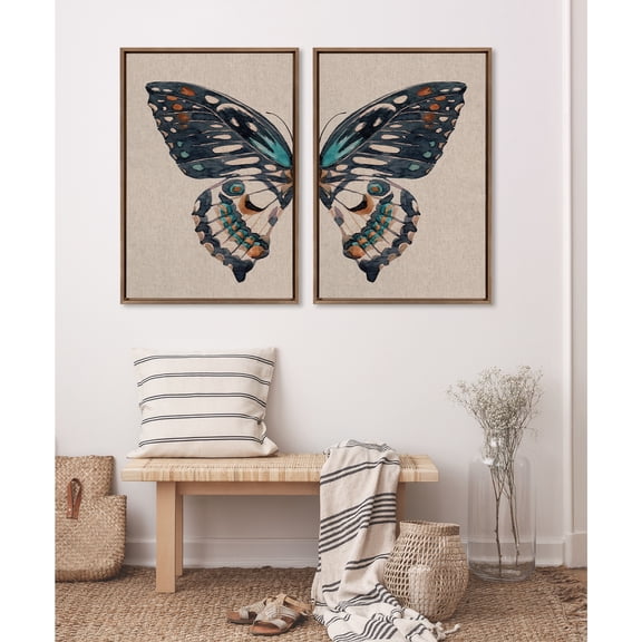 Kate and Laurel Sylvie Boho Butterfly Watercolor Diptych Neutral Linen Framed Canvas Wall Art Set by The Creative Bunch Studio, 2 Piece Set 23x33 Gold