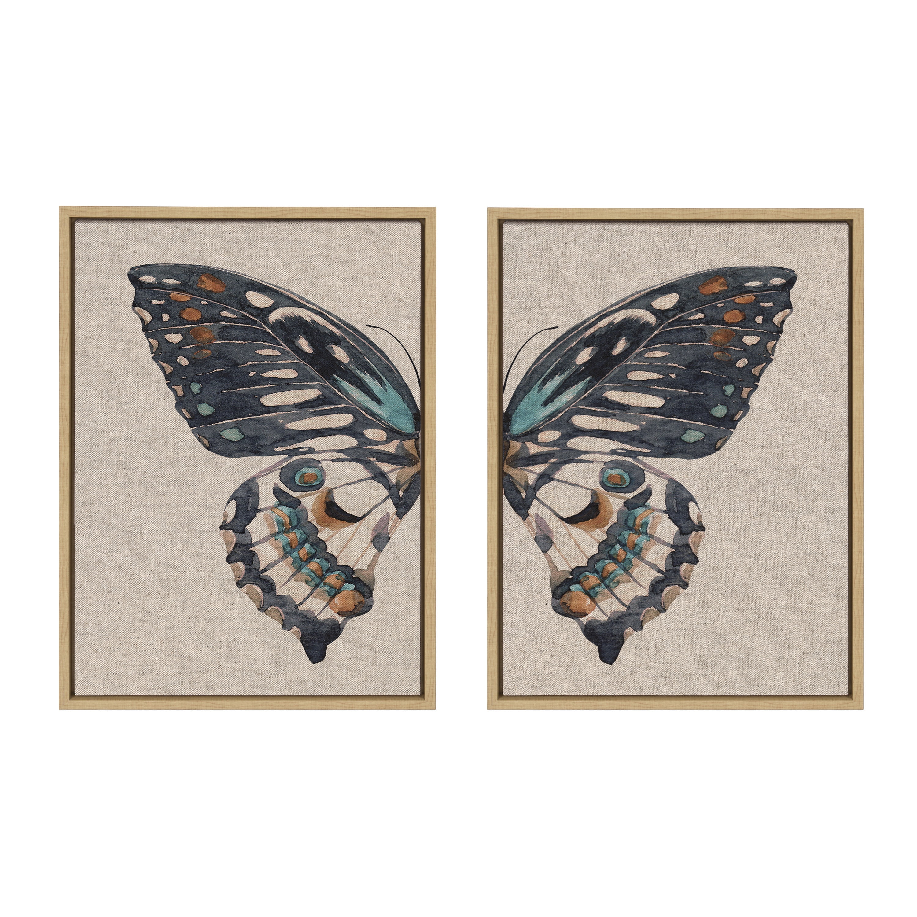 Natural Linen Framed Butterfly Watercolor Canvas Art Set