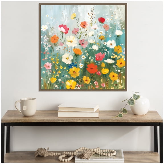 Kate and Laurel Sylvie Boho Wildflower Garden Framed Canvas Wall Art by The Creative Bunch Studio 30 x 30 Bronze, Bohemian Boho, Flowers, Nature Art for Wall Decor, Living Room, Bedroom