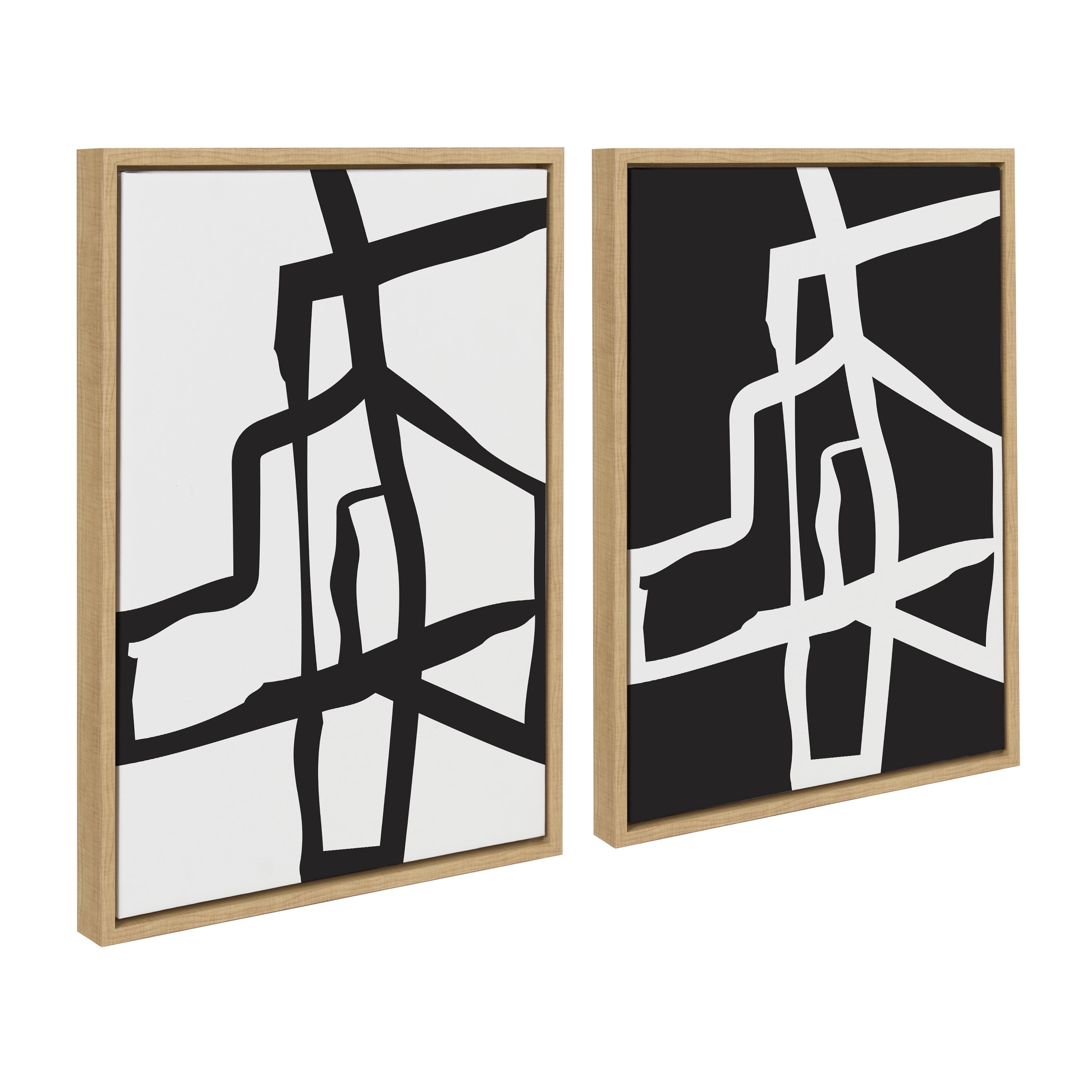 Bold Black and White Abstract Canvas Art Set with Natural Frame