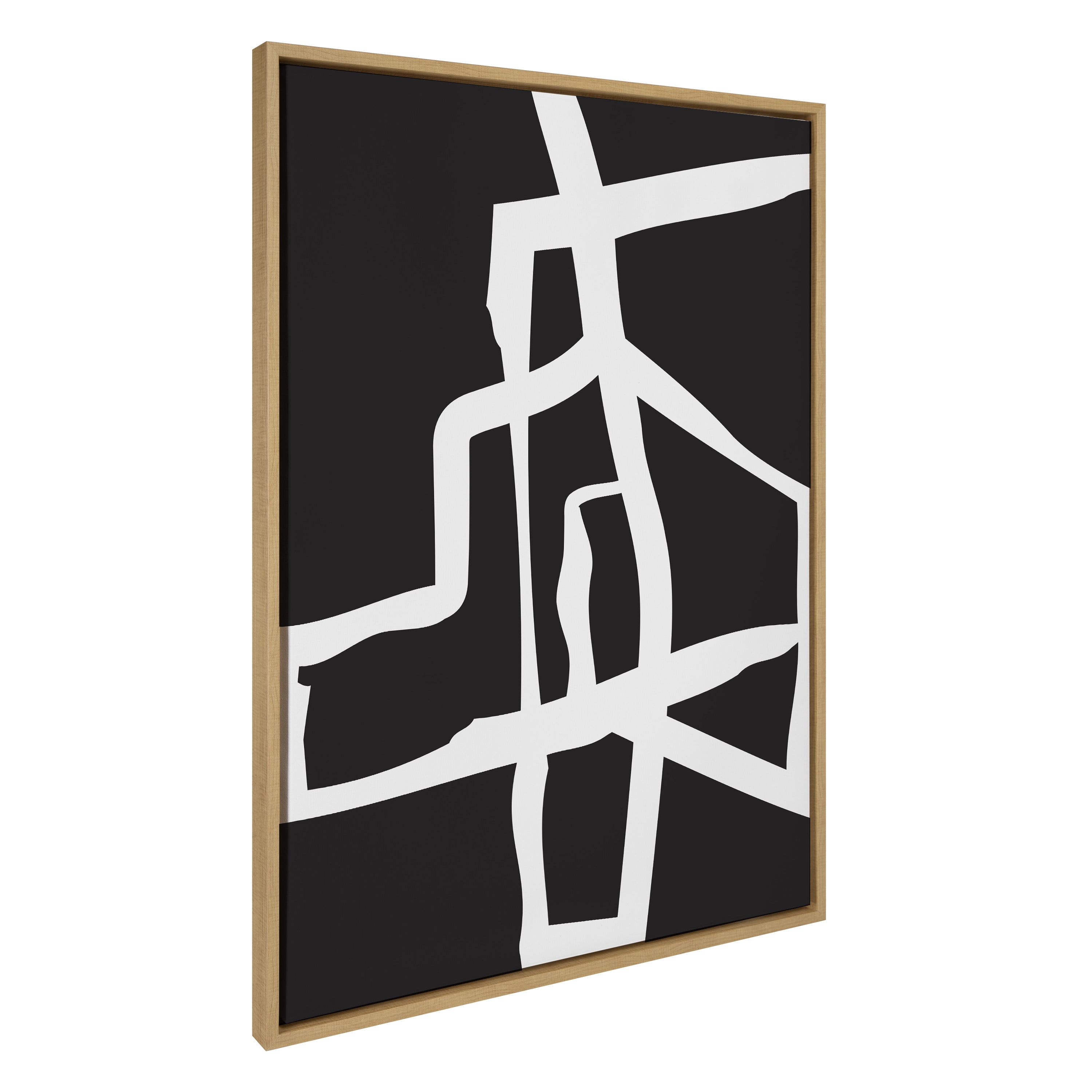 Bold Sophisticated Abstract Black and White Canvas Art with Natural Frame