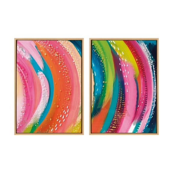 Kate and Laurel Sylvie Bright Abstract Left and Right Framed Canvas Wall Art Set by Jessi Raulet of Ettavee, 2 Piece 23x33 Natural, Colorful Abstract Brushstroke Art for Wall