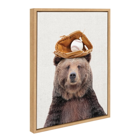 Kate and Laurel Sylvie Brown Bear Baseball Framed Canvas Wall Art by Amy Peterson Art Studio, 18x24 Natural, Whimsical Cute Animal Portrait Art for Wall