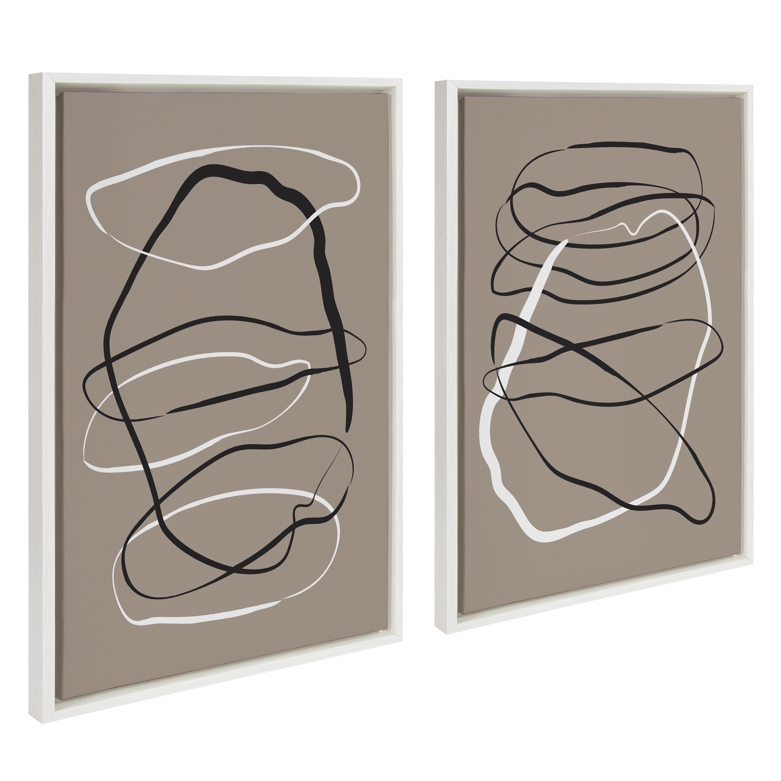 Brown Black and White Abstract Canvas Art Set with White Frame