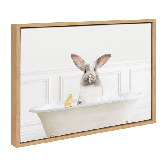Kate and Laurel Sylvie Bunny In Bubble Bath Neutral Style Framed Canvas Wall Art by Amy Peterson Art Studio, 18x24 Natural, Chic Animal Art Bathroom Wall Décor