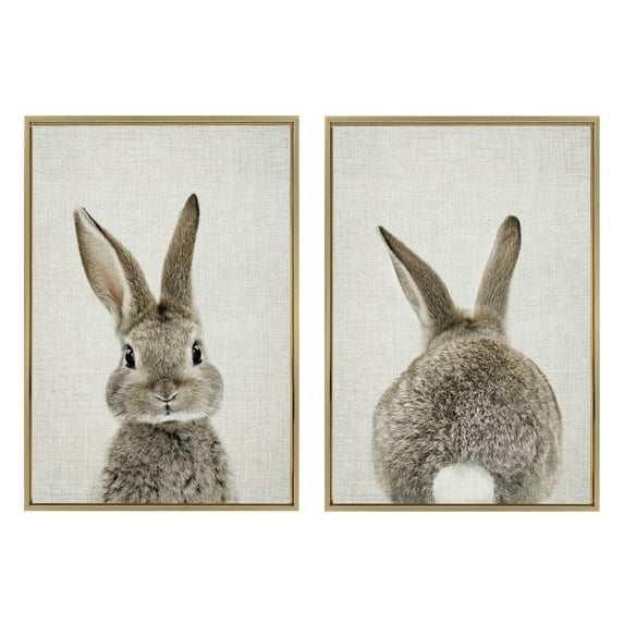 Kate and Laurel Sylvie Bunny Portrait on Linen and Bunny Tail on Linen Framed Canvas Wall Art Set by Amy Peterson Art Studio, 2 Piece 23x33 Bright Gold, Cute Animal Art for Wall