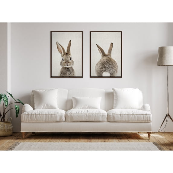 Kate and Laurel Sylvie Bunny Portrait on Linen and Bunny Tail on Linen Framed Canvas Wall Art Set by Amy Peterson Art Studio, 2 Piece 23x33 Brown, Cute Animal Art for Wall
