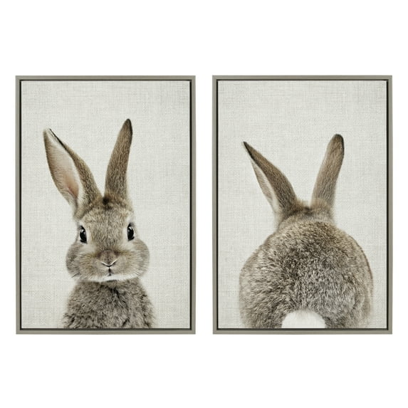 Kate and Laurel Sylvie Bunny Portrait on Linen and Bunny Tail on Linen Framed Canvas Wall Art Set by Amy Peterson Art Studio, 2 Piece 23x33 Gray, Cute Animal Art for Wall