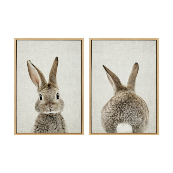 Kate and Laurel Sylvie Bunny Portrait on Linen and Bunny Tail on Linen Framed Canvas Wall Art Set by Amy Peterson Art Studio, 2 Piece 23x33 Natural, Cute Animal Art for Wall