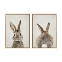 Kate and Laurel Sylvie Bunny Portrait on Linen and Bunny Tail on Linen Framed Canvas Wall Art Set by Amy Peterson Art Studio, 2 Piece 23x33 Natural, Cute Animal Art for Wall