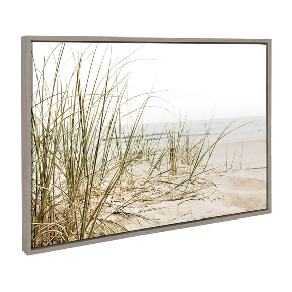 Kate and Laurel Sylvie Calming Beach Grass Framed Canvas Wall Art by The Creative Bunch Studio, 23x33 Gray, Coastal Grassy Beach Landscape Art for Wall