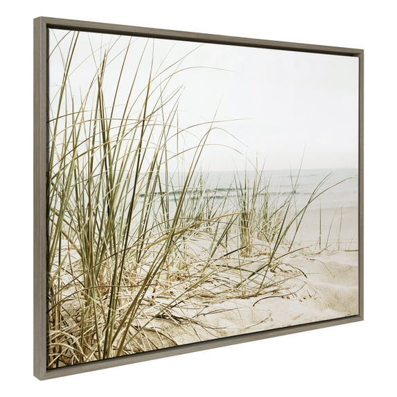 Kate and Laurel Sylvie Calming Beach Grass Framed Canvas Wall Art by The Creative Bunch Studio, 31.5x41.5 Gray, Coastal Grassy Beach Landscape Art for Wall