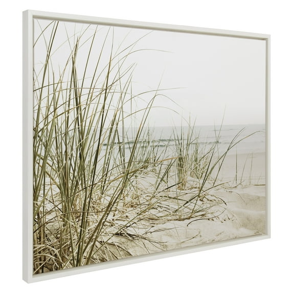 Kate and Laurel Sylvie Calming Beach Grass Framed Canvas Wall Art by The Creative Bunch Studio, 31.5x41.5 White, Coastal Grassy Beach Landscape Art for Wall