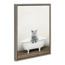 Kate and Laurel Sylvie Cat in Rustic Bath Framed Canvas Wall Art by Amy Peterson Art Studio, 18x24 Gray, Modern Fun Decorative Bathtub Wall Art for Home Décor
