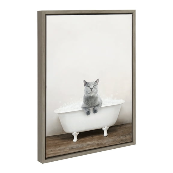 Kate and Laurel Sylvie Cat in Rustic Bath Framed Canvas Wall Art by Amy Peterson Art Studio, 18x24 Gray, Modern Fun Decorative Bathtub Wall Art for Home Décor