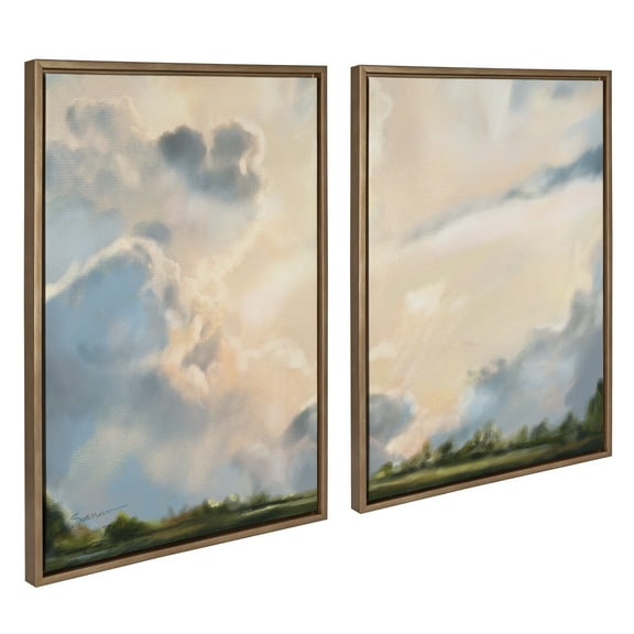 Kate and Laurel Sylvie Clouds Framed Canvas Wall Art Set by Mary Sparrow, 2 Piece 23x33 Gold, Modern Natural Cloudy Sky Landscape Art Set for Wall Decor
