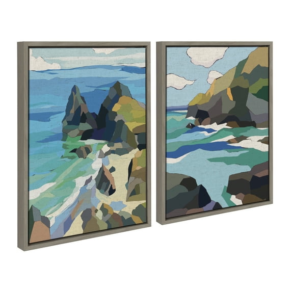 Kate and Laurel Sylvie Coast and Phi Phi on Neutral Linen Framed Canvas Wall Art Set by Nikita Jariwala, 2 Piece Set 18x24 Gray, Colorful Ocean Beach Landscape Art Set for Wall