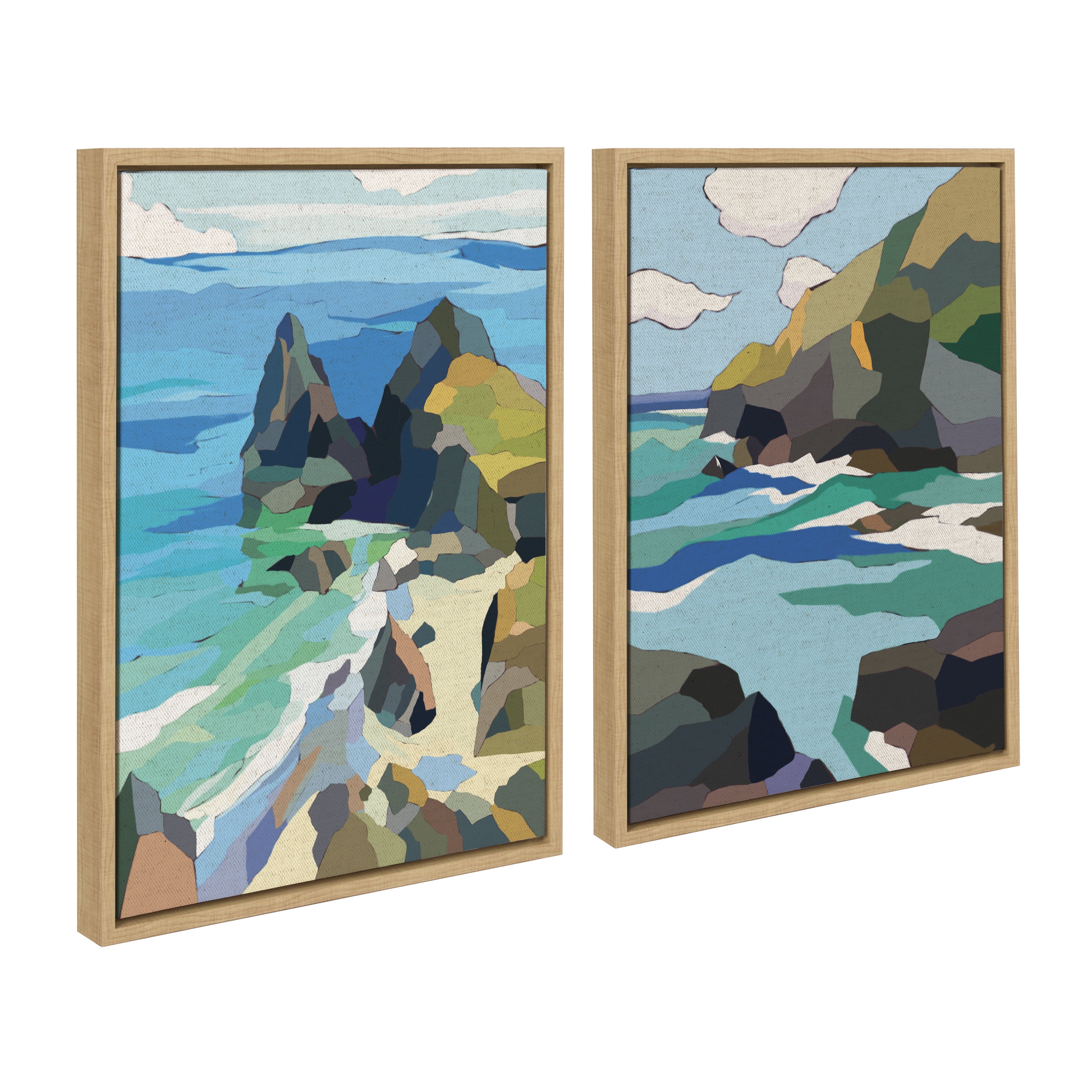 Colorful Coastal Cliff Canvas Art Set in Natural Frame, 18x24, 2-Piece