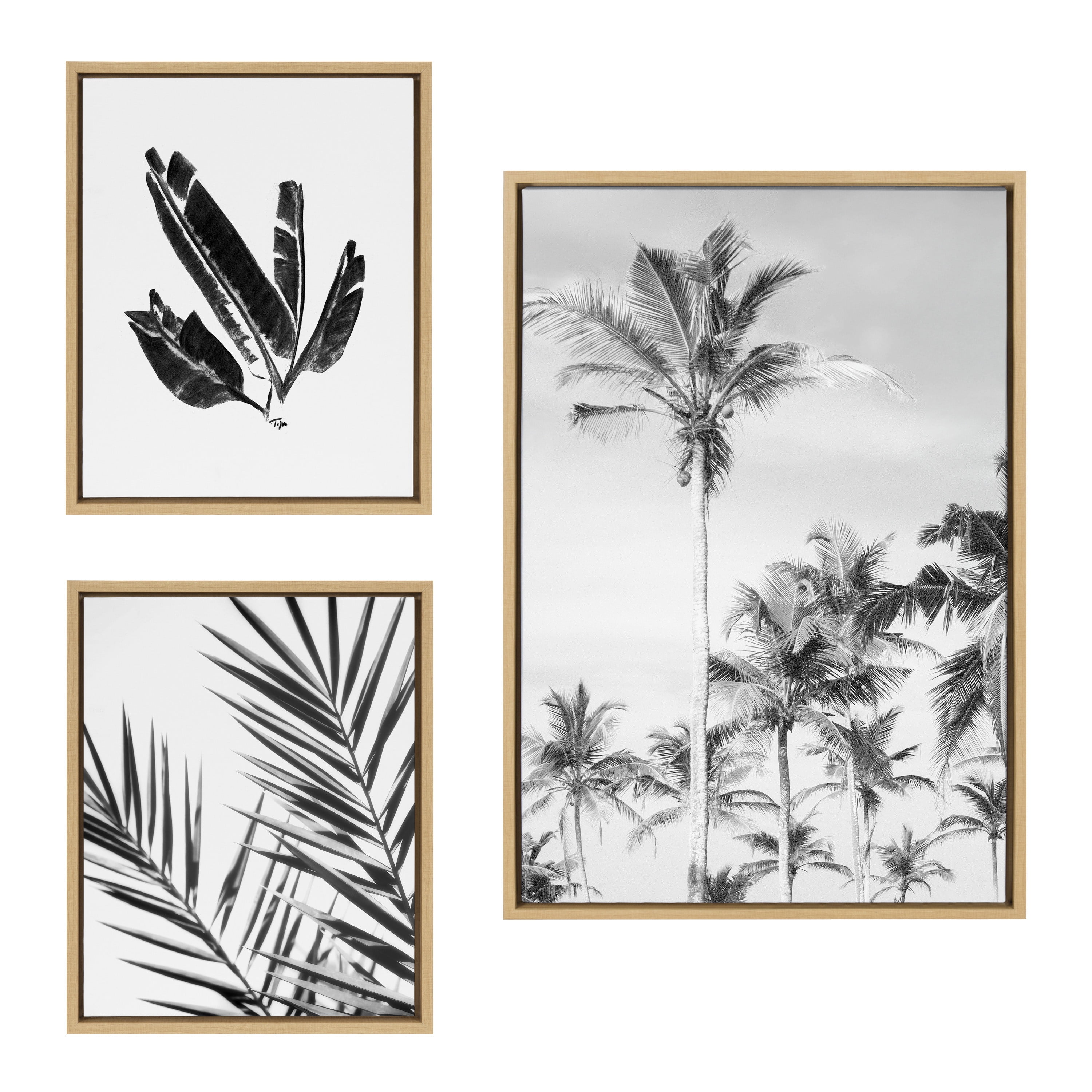 Natural Framed Black and White Coastal Palm Tree Canvas Art Set