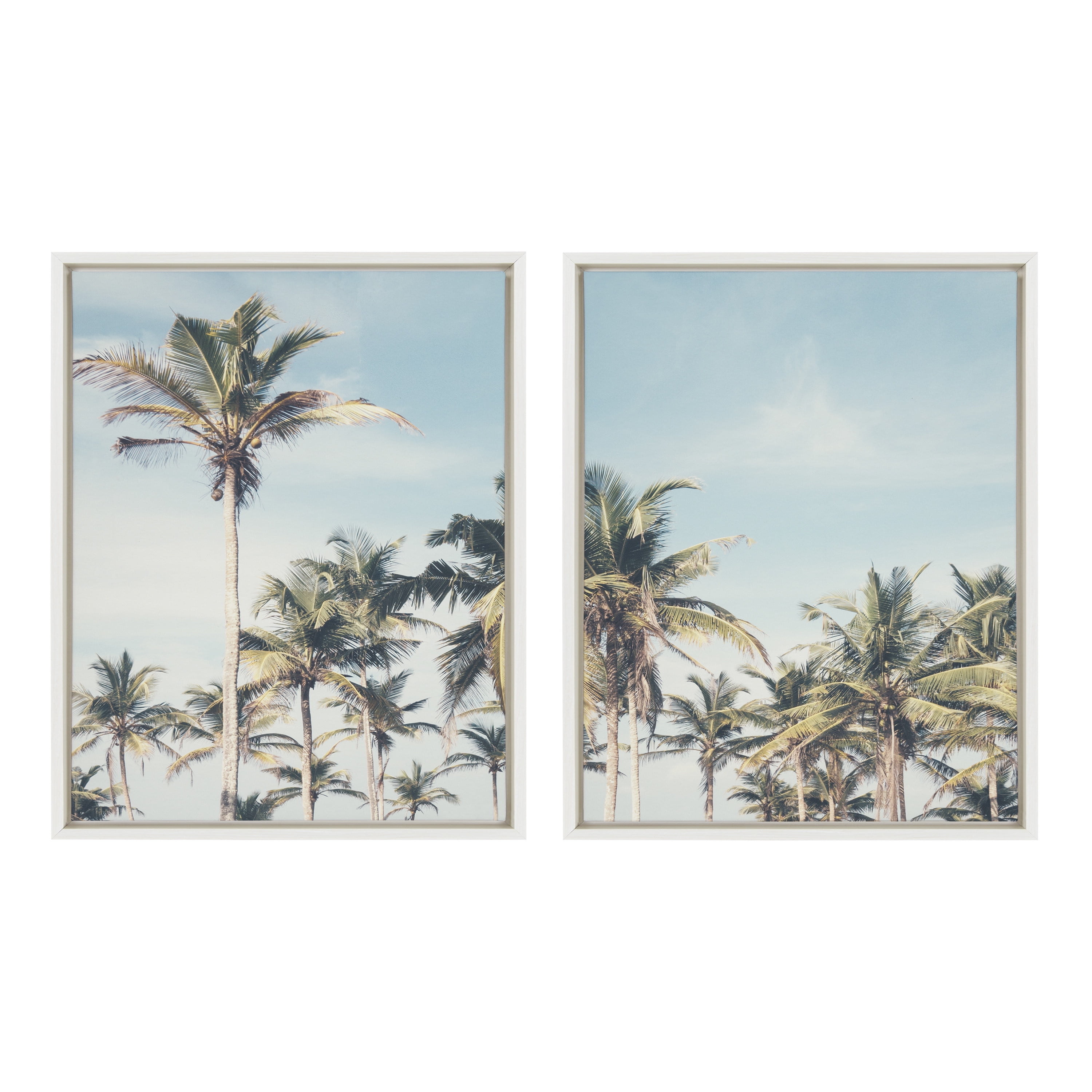 Sylvie Coastal Coconut Palm Tree Beach Canvas Set in White Frame