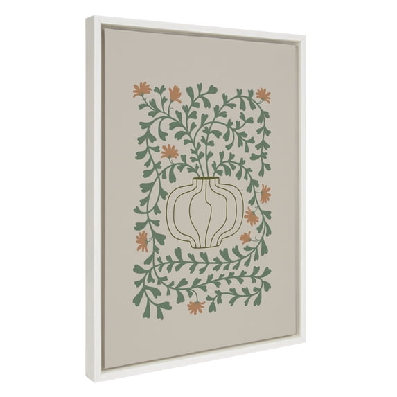 Kate and Laurel Sylvie Colorful Abstract Retro Floral Green and Orange Framed Canvas Wall Art by The Creative Bunch Studio, 18x24 White, Modern Abstract Botanical Vase with Contemporary Flower Art