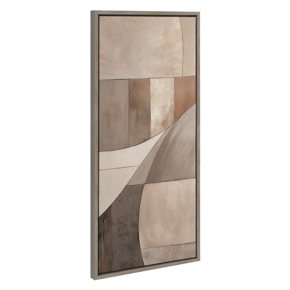 Kate and Laurel Sylvie Curved Grid Abstract on Neutral Linen Framed Canvas Wall Art by The Creative Bunch Studio, 18x40 Gray, Modern Geometric Abstract Art for Wall
