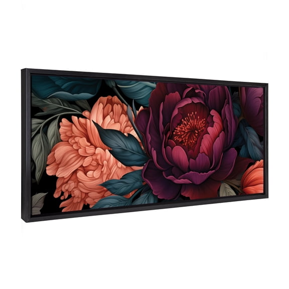 Kate and Laurel Sylvie Dark Academia Floral in Rich Jewel Tones Framed Canvas Wall Art by The Creative Bunch Studio, 18x40 Black, Modern Colorful Flower Art for Wall