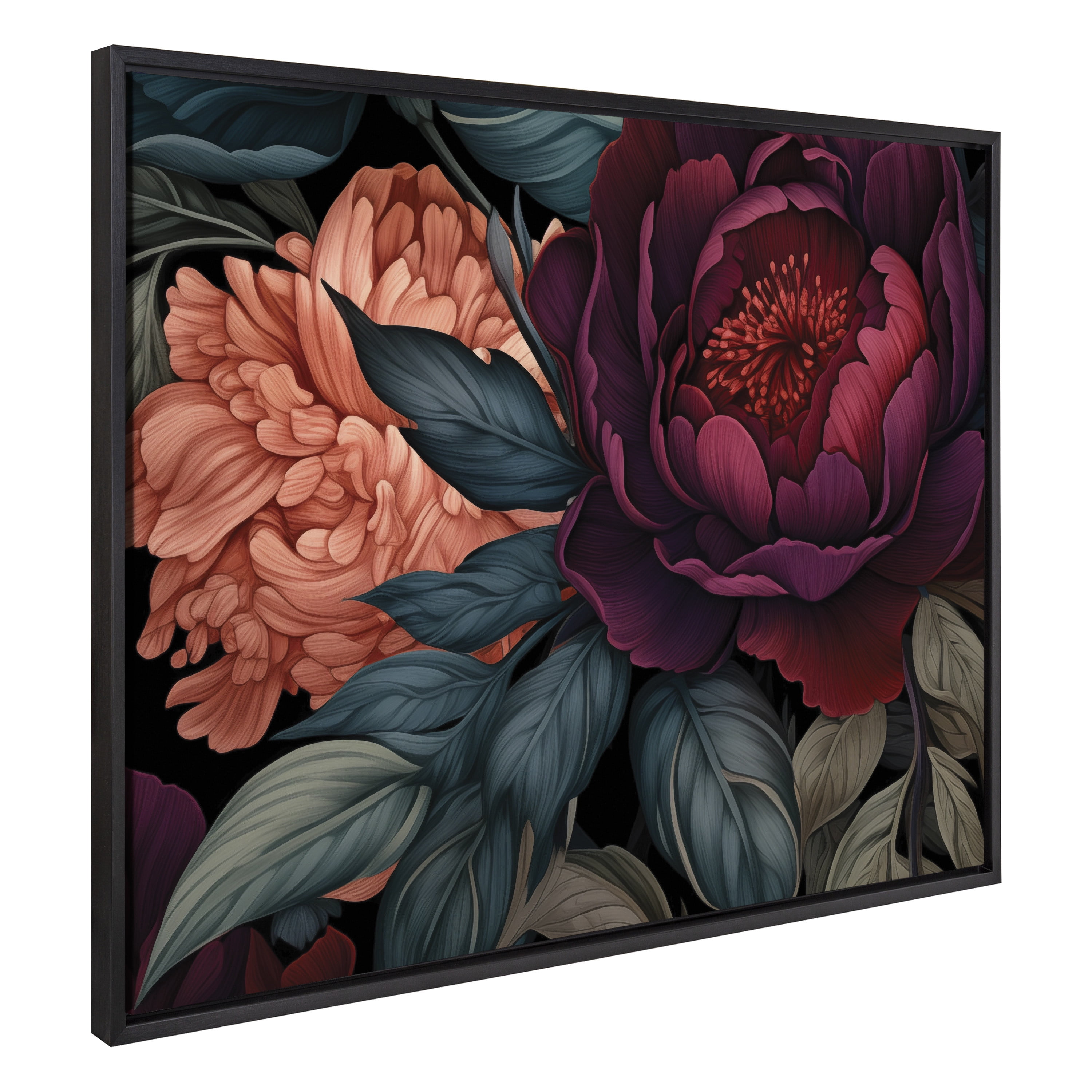 Large Black Framed Dark Academia Floral Canvas Print